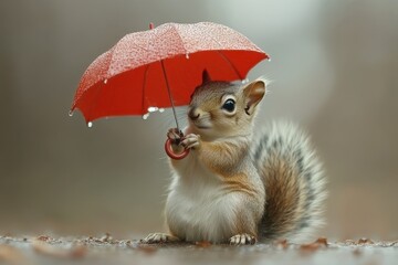 Squirrel holding a red umbrella in the rain during a cloudy day in a park