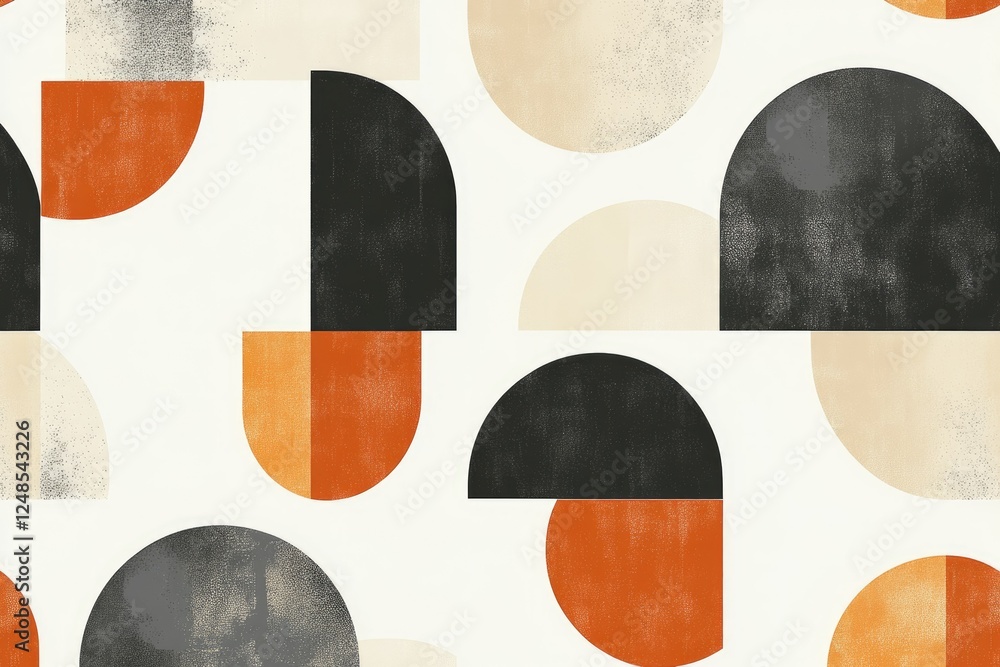 Poster abstract geometric pattern with textured semi-circles in orange, black, and beige.