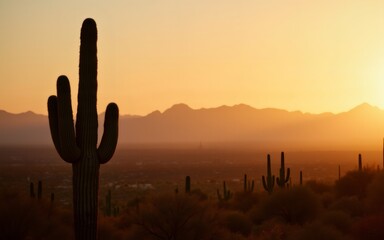 A stunning desert sunset silhouette featuring a tall cactus against a mountain backdrop.