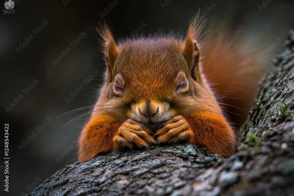 Poster squirrel resting on a tree branch, enjoying a peaceful moment in the forest during daylight hours