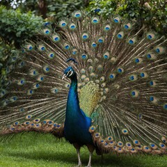 Obraz premium A peacock with its feathers fully spread in a lush garden.