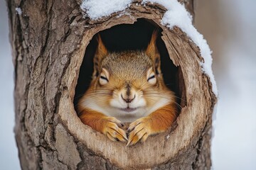 Squirrel nestled in a tree hollow enjoying a winter day amidst snow
