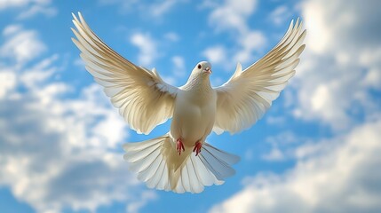 Obraz premium Bird flying in sky, close-up of wings mid-flight, blue sky and clouds in the background
