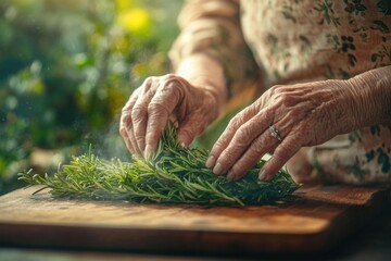 Elderly hands gently preparing a bunch of fresh rosemary on a wooden board.