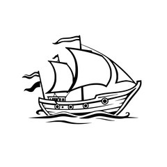 Sailing Ship Silhouette: Classic Black and White Vector Illustration of a Sailing Ship with Three Triangular Sails and Flags.
