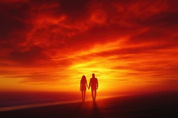 Fototapeta premium Silhouette of a couple holding hands, walking on a beach during a fiery sunset.