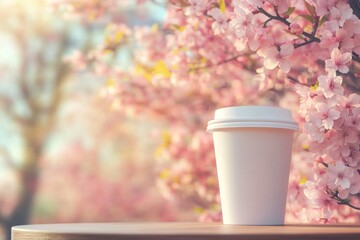 Mockup Concept for Coffee Branding, Springtime coffee moment surrounded by cherry blossoms in a tranquil outdoor setting