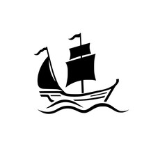 Simplified silhouette of a sailboat with black sails on rippling waves, symbolizing maritime journeys.