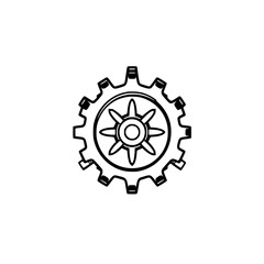 Hand-drawn gear icon showing a gear with an internal central pattern on a white background.