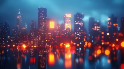 Fototapeta premium City skyline at night, close-up of glowing skyscrapers, vibrant urban lights