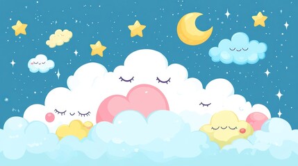 Fototapeta premium Sleepy clouds, night sky, stars, moon, nursery decor