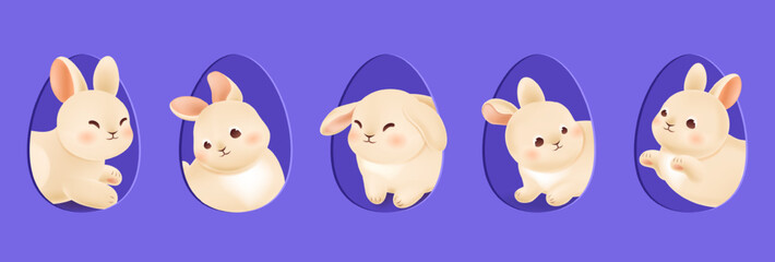 Set of Easter bunnies peeking out of egg-shaped windows. Collection of cute rabbits for greeting card design. Symbol of spring hunt holiday in violet background. Vector illustration
