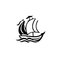 Stylized illustration of a black sailing ship with a white background.