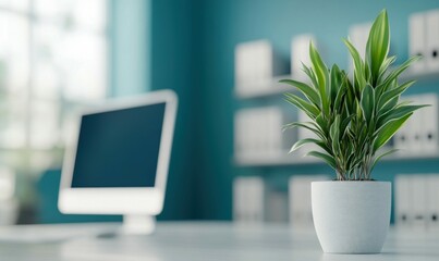 Fototapeta premium Modern Office Workspace with Green Plant Decoration