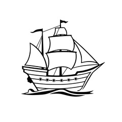 Black and white stylized illustration of a sailing ship on white, showing a ship with sails and a minimal style