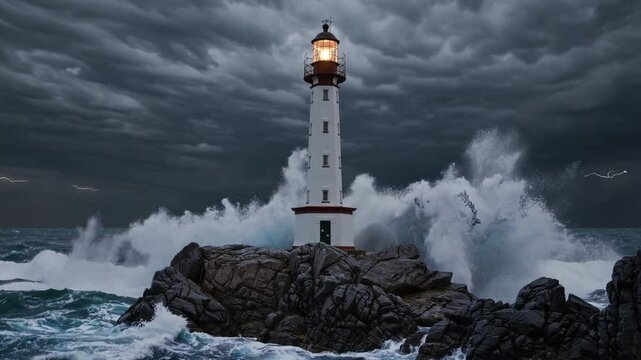 Lighthouse in Stormy Sea | Static Shot Front View | Powerful Waves Crashing | Beacon of Light Amidst Dark Clouds | Dramatic Ocean Storm Scene | Resilient Coastal Structure | Intense Maritime Atmospher