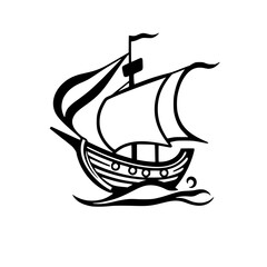 Sailing Ship Silhouette: Simple, elegant illustration of a sailboat, with a white background, and the ship is rendered using thick lines.