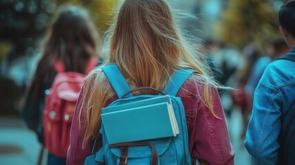 College campus life, close-up of students walking through campus with books in hand