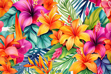 Vibrant Watercolor Hibiscus and Tropical Leaves Seamless Pattern