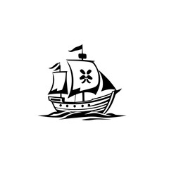 Black and white illustration of a stylized sailing ship, isolated on a white background.
