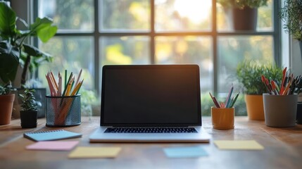 Creative workspace, close-up of a laptop, notepads, and creative supplies on a desk