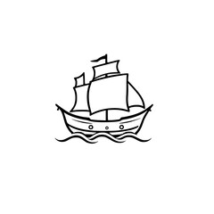 Simplified black and white illustration of a sailing ship, with detailed elements of the ship.