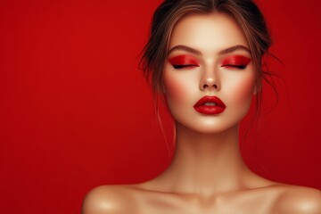 Fototapeta premium Stunning model showcasing bold red makeup against a vibrant red background for striking visual impact