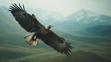 Fototapeta premium Eagle soaring above, close-up of eagle wings mid-flight, vast landscape below
