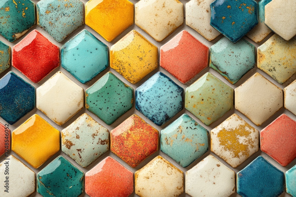 Poster hexagonal tiles in various pastel colors create a beautiful mosaic pattern.