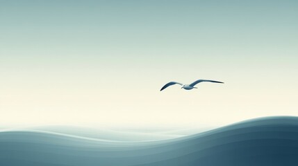 Seagull flying over calm ocean waves, peaceful sky