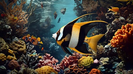 A Magnificent Close-Up of the Longfin Bannerfish Highlighting Its Unique Characteristics Against a Bright Coral Background