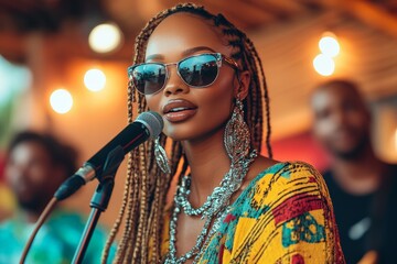 Musician performing on stage with vibrant attire and statement accessories in a lively outdoor setting
