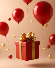 A red gift box decorated with a gold ribbon, surrounded by gold and red balloons scattered in the air, on a beige background, gives a luxurious, fun and festive feel.