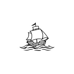 Sailing ship on the ocean, simple linear illustration, black and white, graphic art.