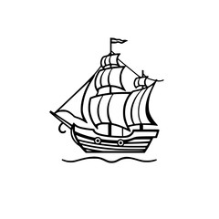 Black and white illustration of a cartoon sailboat sailing the waves.