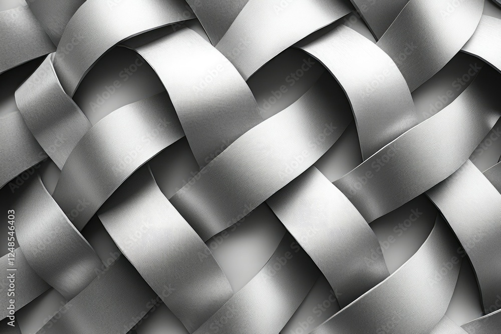 Poster abstract woven metallic texture; brushed silver ribbons interlacing in a complex pattern.