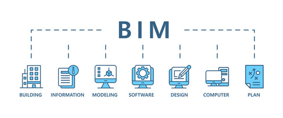 BIM banner web icon vector illustration concept for building information modeling with icon of building, information, modeling, software, design, plan, and computer
