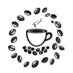 Coffee cup surrounded by coffee beans