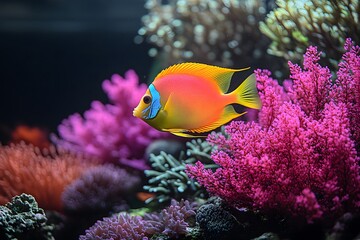Obraz premium Vibrant Tropical Fish Among Colorful Coral in Underwater Scene for Oceanic Themes