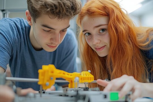 Two teenagers, a boy and a girl, are intently focused on a 3D printer, examining a newly printed yellow object.