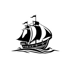 Silhouette of a vintage sailing vessel against a white background.