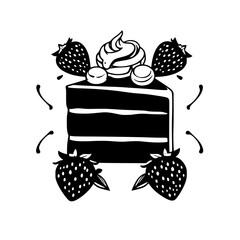 Black and white cake slice surrounded by strawberries and simple design elements on a white background.