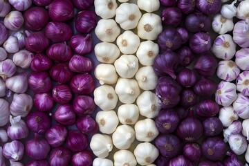 A variety of onions, including purple, white, and a mix of different types arranged in a visually appealing pattern. Concept Onion Varieties, Colorful Arrangements, Culinary Aesthetics