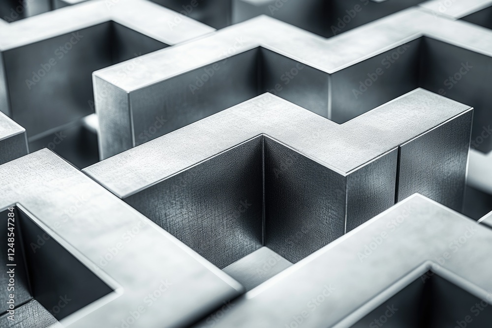 Poster Abstract metallic maze, complex geometric pattern of interconnected cubes, intricate and challenging pathway.