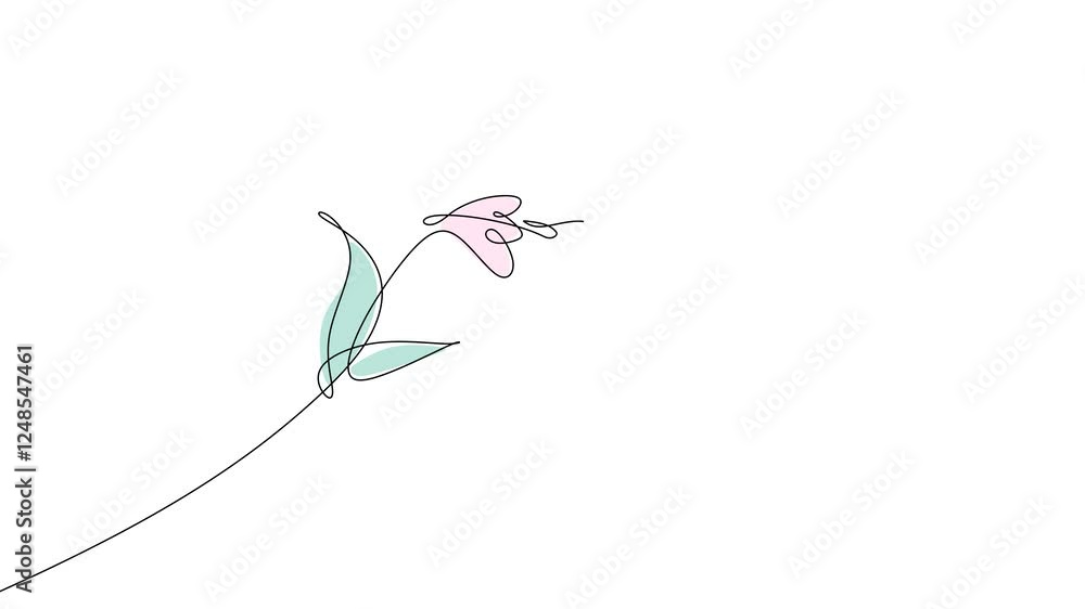 Poster continuous one line drawing of colorful flying bird and flower. a bird looking for honey in the flow