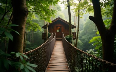 Obraz premium A serene treehouse nestled among lush green trees, accessed by a charming wooden bridge.