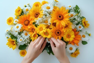 A vibrant bouquet of sunflowers and daisies, held gently by hands, creates a cheerful and summery scene.