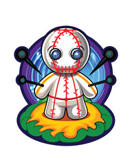 Render a chilling image of a cursed voodoo doll; its body is stitched from beige fabric, showcasing crude seams and ominous details.  Focus on a disturbingly realistic texture.