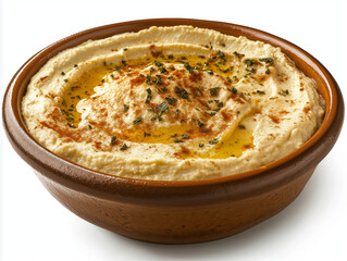Hummus Served in a Bowl	on White Background