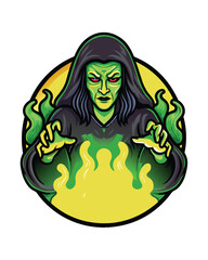 A dark, mysterious witch, cloaked in deep black, casting a powerful, green spell under a moonlit night sky.  Detailed rendering, dramatic lighting.